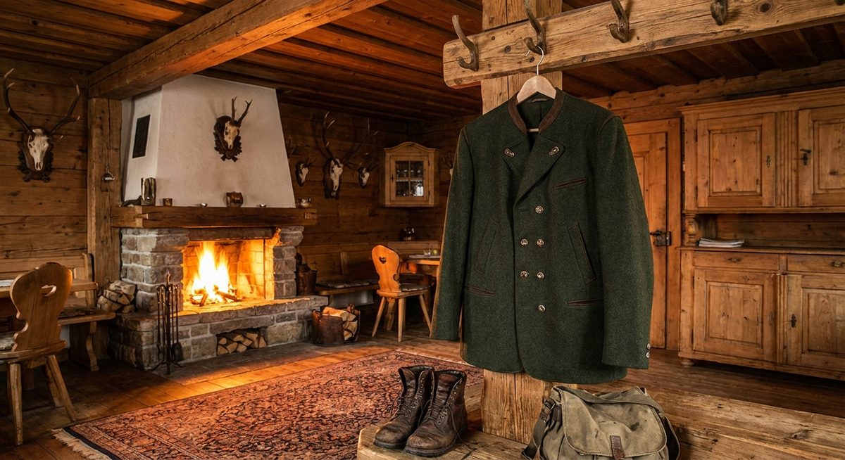Loden kabát vadászathoz -- hagyományos sötétzöld loden vadászkabát erdei környezetben